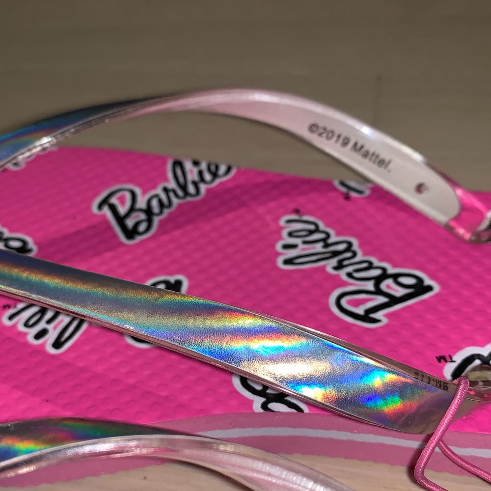 LAST PAIR Pink Barbie logo hologram flip flops - Picture 2 of 7